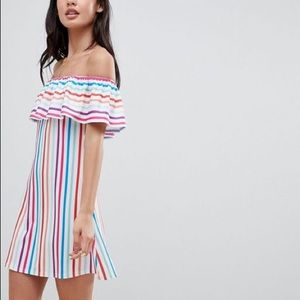 boohoo off the shoulder rainbow striped dress 🌈